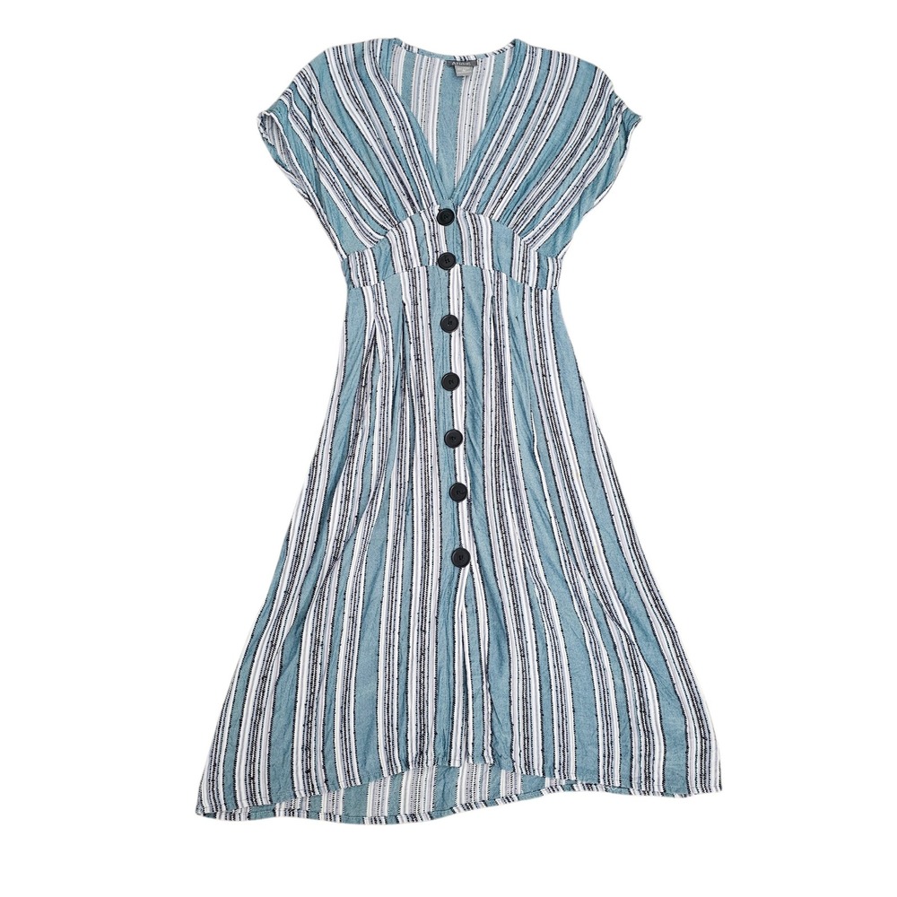 Angie Blue White Striped Button Front Midi Dress Smocked Waist Women Small